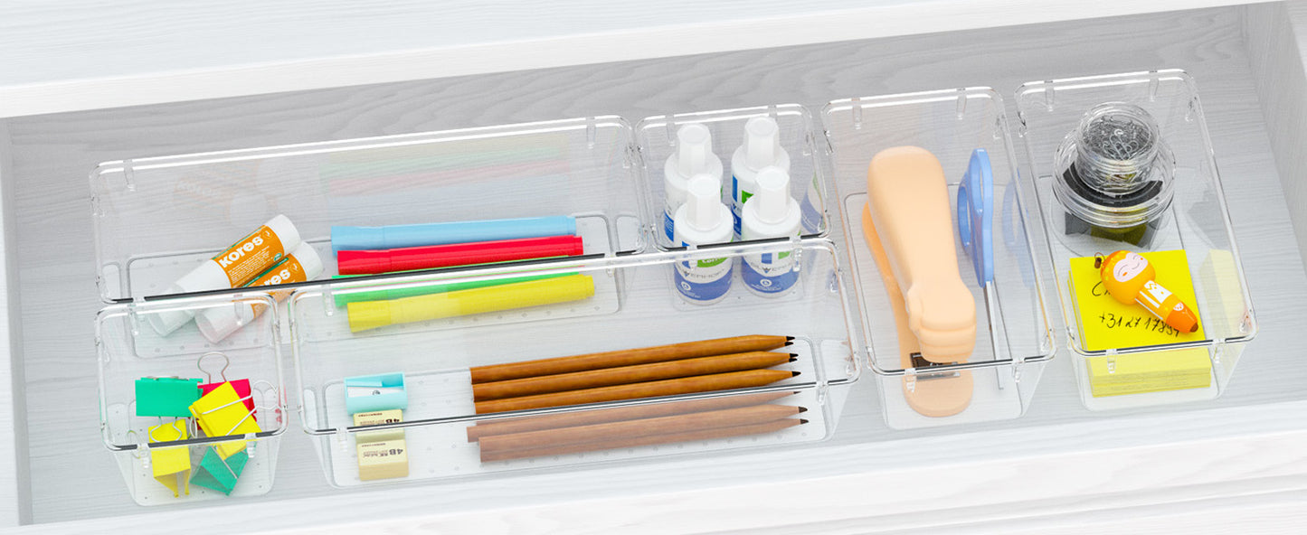 WOWBOX 6 Pack Clear Drawer Organizer Set, Acrylic Drawer Storage Trays, Storage Bins for Makeup, Cosmetics, Jewelries, Utensils, Gadgets, Office