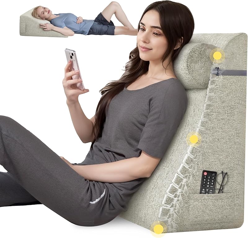 Daneey Reading Pillow for Bed Adult, Back Pillow for Bed Sitting Up, Back Support Pillow with Adjustable Headrest，Memory Foam Pillows for Abdomen, Lumbar, Back, Gray, 14.6 * 10 * 24IN