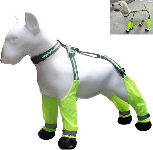 Adjustable Dog Suspender Boots with Attached Waterproof Paw Protectors, Non - Slip Summer Hiking Shoes for Rainy Days and Night Safety with Reflective Design (Green, S) - TrendyLookz