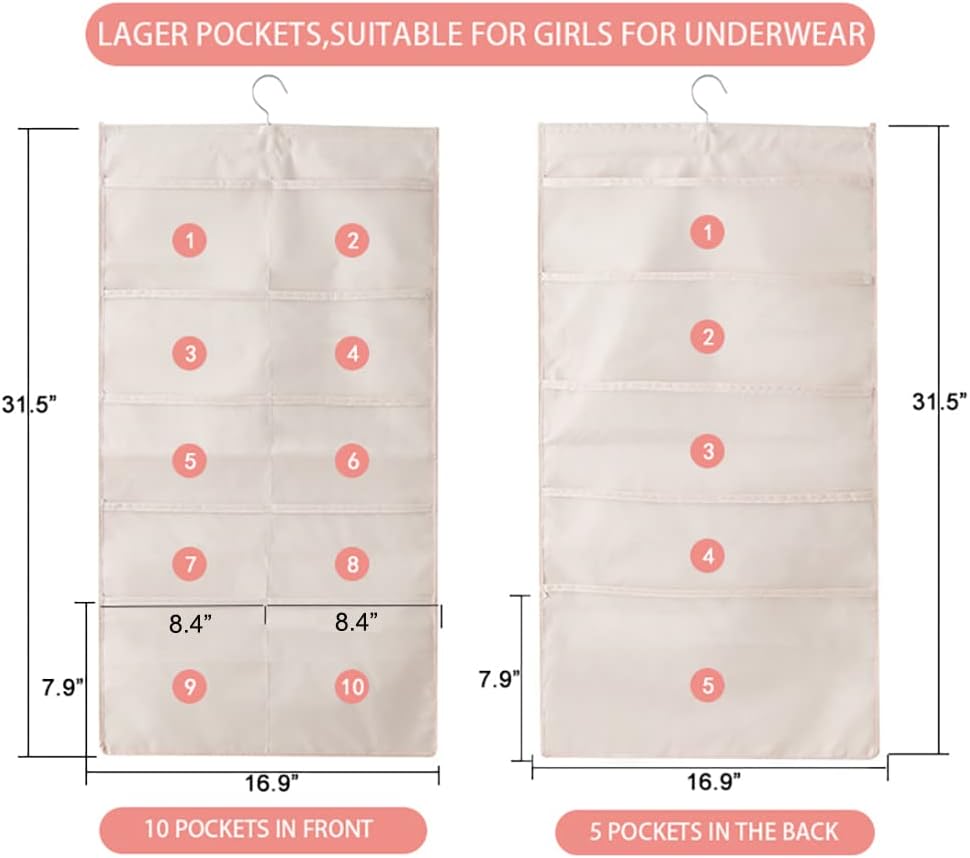 Enlarged Closet Hanging Bra Organizer with Rotating Metal Hanger, Dual Sided Wall Shelf Wardrobe Mesh Pockets Hanging Storage Bag for Bra Socks Underwear Underpants