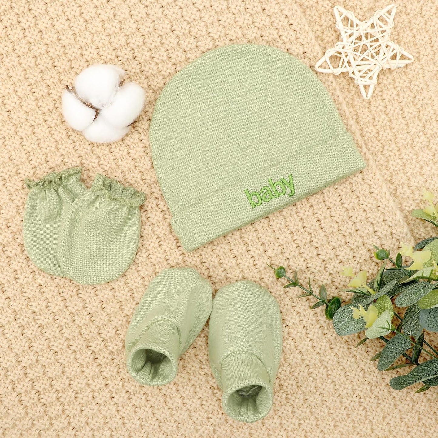 Newborn Baby Hats Mittens and Socks Set Cotton Infant Beanie Cap Socks Mittens for Newborn Baby Boy Girl 0-6 Month