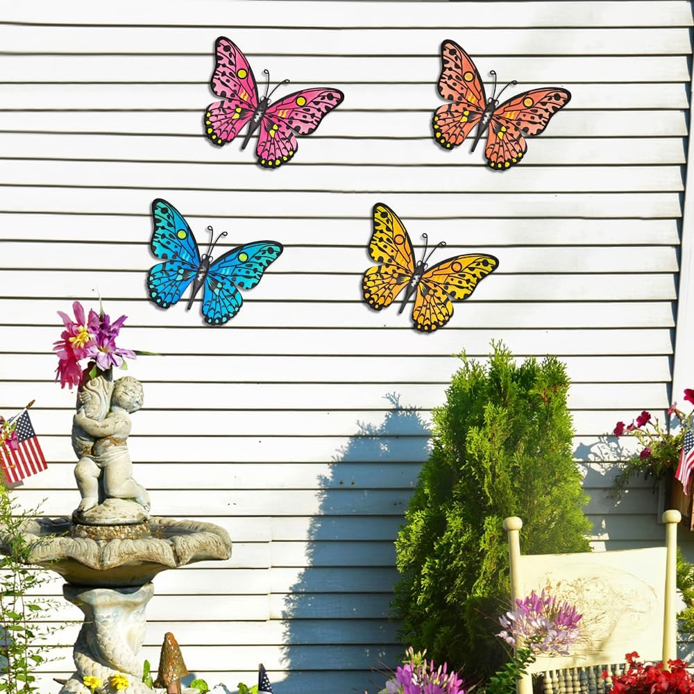Metal Butterfly Wall Decor - 9.6" Outdoor Fence Wall Art Decor, Hanging Decoration for Garden Yard Living Room Bedroom Patio Balcony(4 Pack)