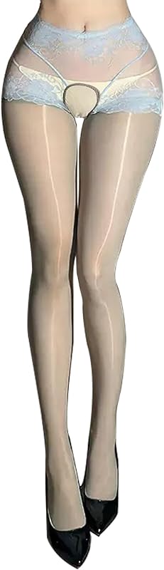 Women's Oil Shiny Pantyhose Lace Crotch High Waist Stockings Tights Oil Shimmer Tights Ultra Silky 8 Denier