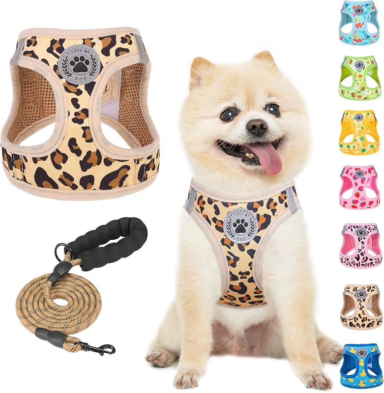 BEAUTYZOO Plaid Dog Harness and Leash Set for XS S Pets, Step-in No Choke No Pull Soft Mesh Vest Harness, Reflective for Extra-Small/Small Medium Puppy Dogs and Cats, Beige S