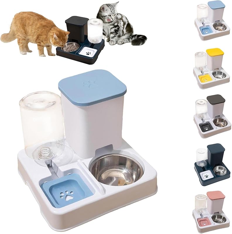 Automatic Pet Feeder, Cat Food and Water Bowl Set, Removable 2 in 1 Feeder and Waterer Set, This Two-Piece Set is Suitable for Pet Feeding, Including Small and Medium-Sized Dogs, Kittens (Dark Blue)