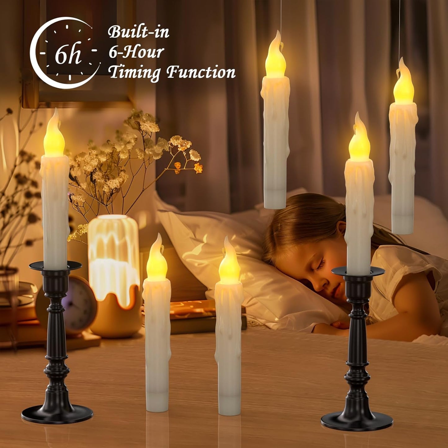 PChero 6pcs Flameless Taper Candles with Timer, 6.7" LED Battery Operated Tapered Candlesticks with Warm Yellow Flickering Flame, Dripless Candles for Halloween Themed Party Xmas Home Decorations