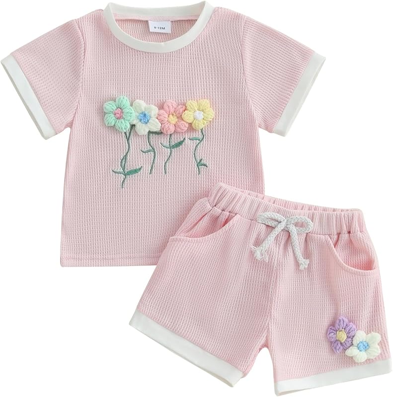 Kayotuas Toddler Baby Girl Summer Clothes 3D Flower Bow Short Sleeve T Shirt Tops Shorts 2Pcs Set Cute Infant Waffle Outfits