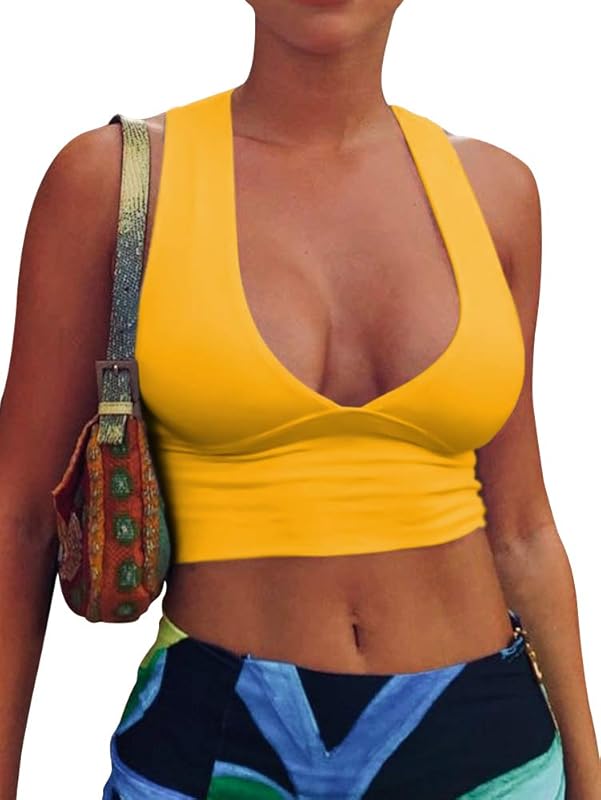 AEPEBO Sexy Crop Tops for Women Deep V Neck Back Cutout Sleeveless Plunge Racerback Tank Cropped Top - TrendyLookz