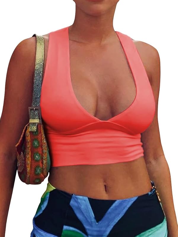 AEPEBO Sexy Crop Tops for Women Deep V Neck Back Cutout Sleeveless Plunge Racerback Tank Cropped Top - TrendyLookz