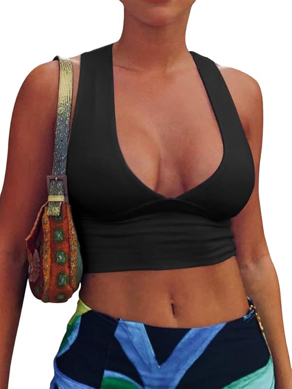 AEPEBO Sexy Crop Tops for Women Deep V Neck Back Cutout Sleeveless Plunge Racerback Tank Cropped Top - TrendyLookz