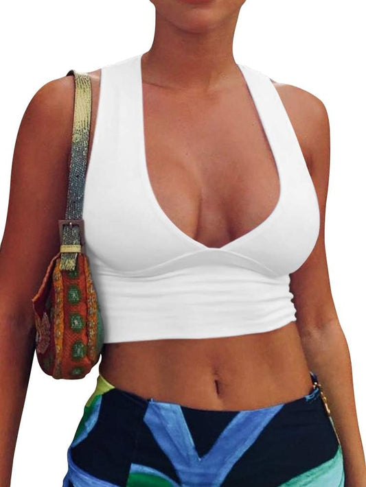 AEPEBO Sexy Crop Tops for Women Deep V Neck Back Cutout Sleeveless Plunge Racerback Tank Cropped Top - TrendyLookz