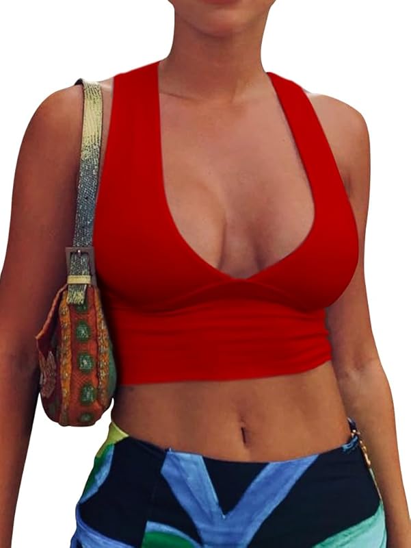 AEPEBO Sexy Crop Tops for Women Deep V Neck Back Cutout Sleeveless Plunge Racerback Tank Cropped Top - TrendyLookz