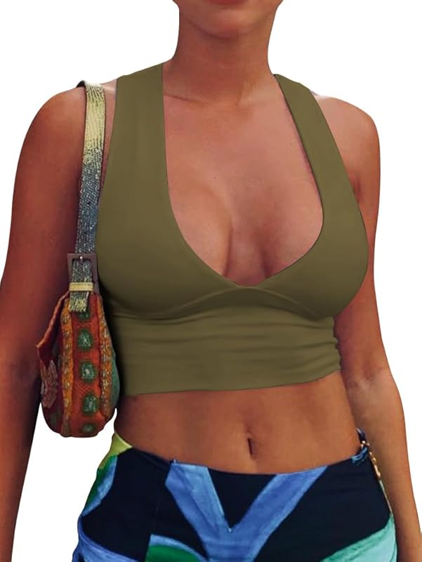 AEPEBO Sexy Crop Tops for Women Deep V Neck Back Cutout Sleeveless Plunge Racerback Tank Cropped Top - TrendyLookz