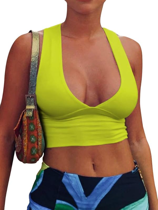 AEPEBO Sexy Crop Tops for Women Deep V Neck Back Cutout Sleeveless Plunge Racerback Tank Cropped Top - TrendyLookz