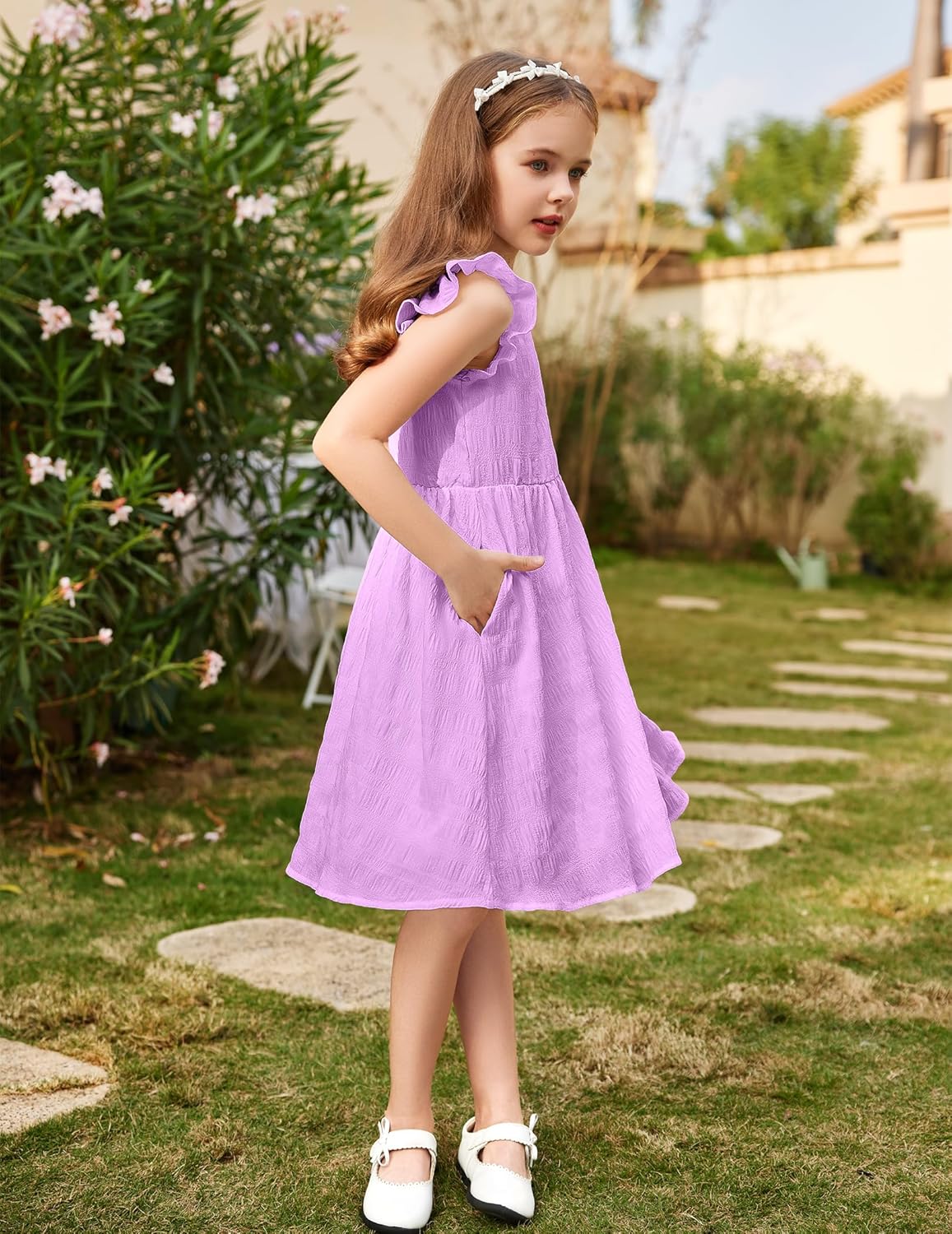 Arshiner Girls Dress Casual Ruffle Sleeveless A Line Summer Dresses with Pockets 4-12 Years