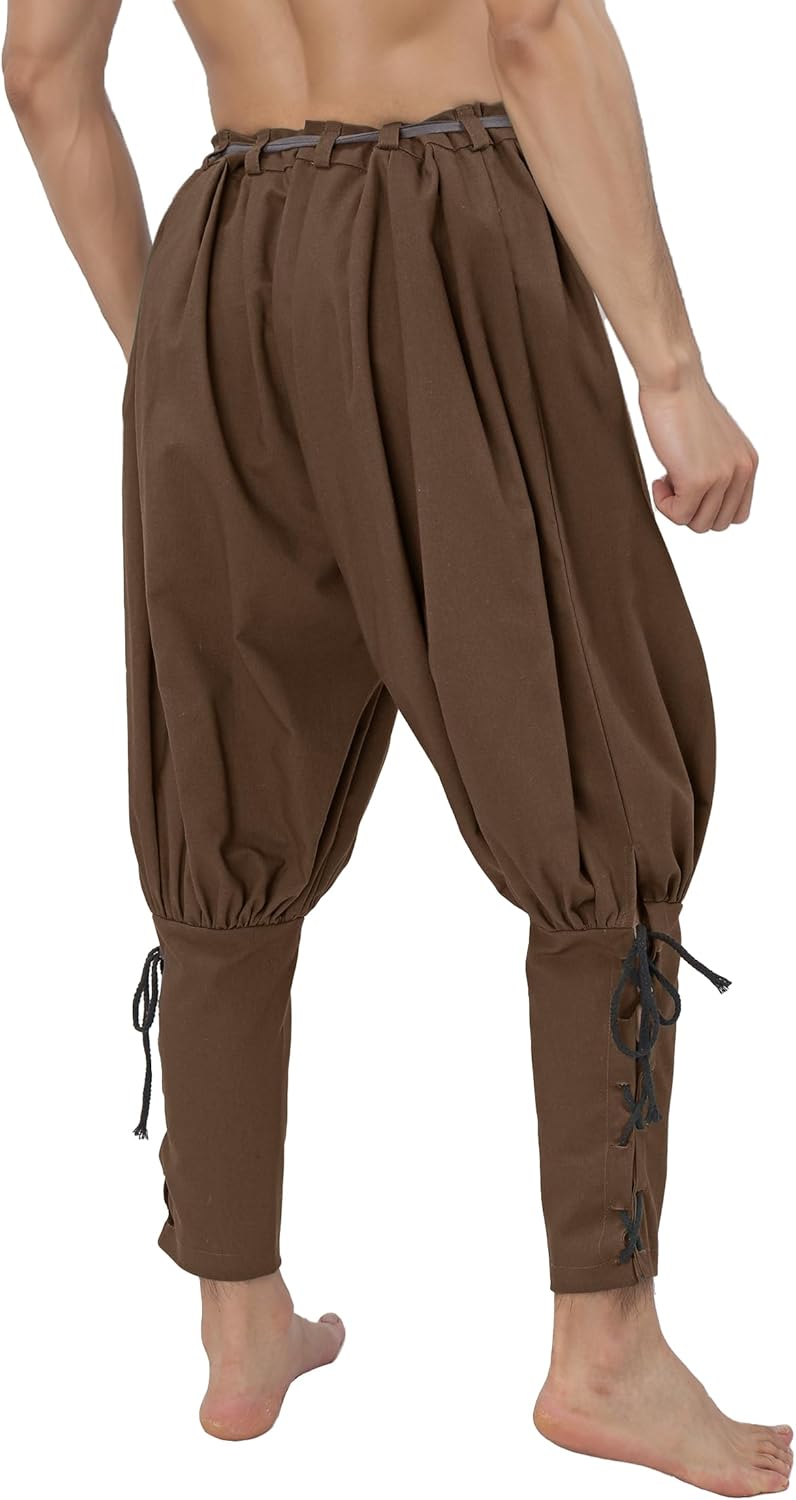 KUOIN Medieval Renaissance Ankle Banded Pants for Men Pirate Navigator Trousers Linen Bottoms