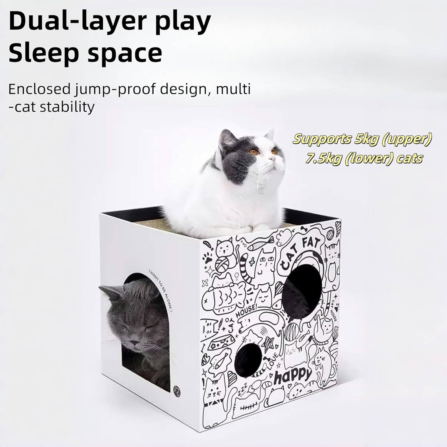 Dual-Level Cat Scratcher & Cozy Cat Cave House - Space-Saving Durable Corrugated Fiberboard for Indoor Cats, Furniture Protector with Adventure-Ready Design Cardboard Cat House