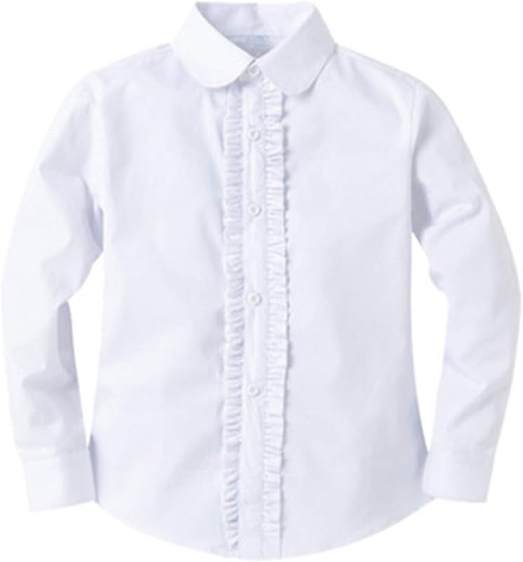 Bienzoe Girls School Uniform Shirt: Kids Summer Ruffle Button Down Long Sleeve Cotton Oxford Blouse