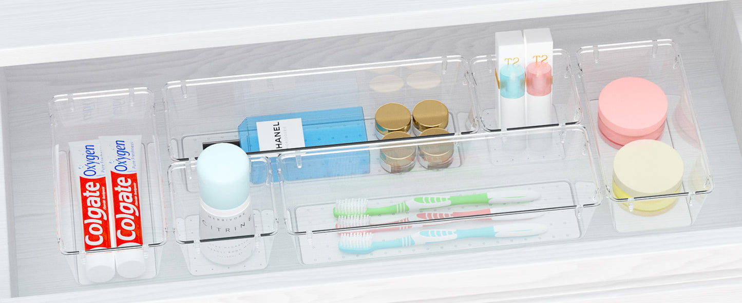 WOWBOX 6 Pack Clear Drawer Organizer Set, Acrylic Drawer Storage Trays, Storage Bins for Makeup, Cosmetics, Jewelries, Utensils, Gadgets, Office