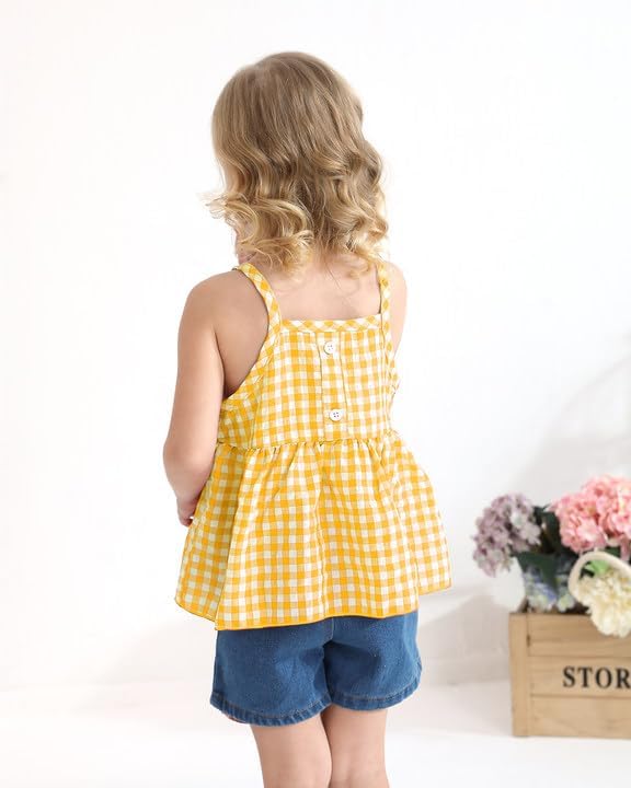 Kucnuzki Baby Girl Clothes Toddler Girl Summer Two Piece Outfit Kids Ruffle Sleeveless Plaid Tops Denim Jeans Shorts Set
