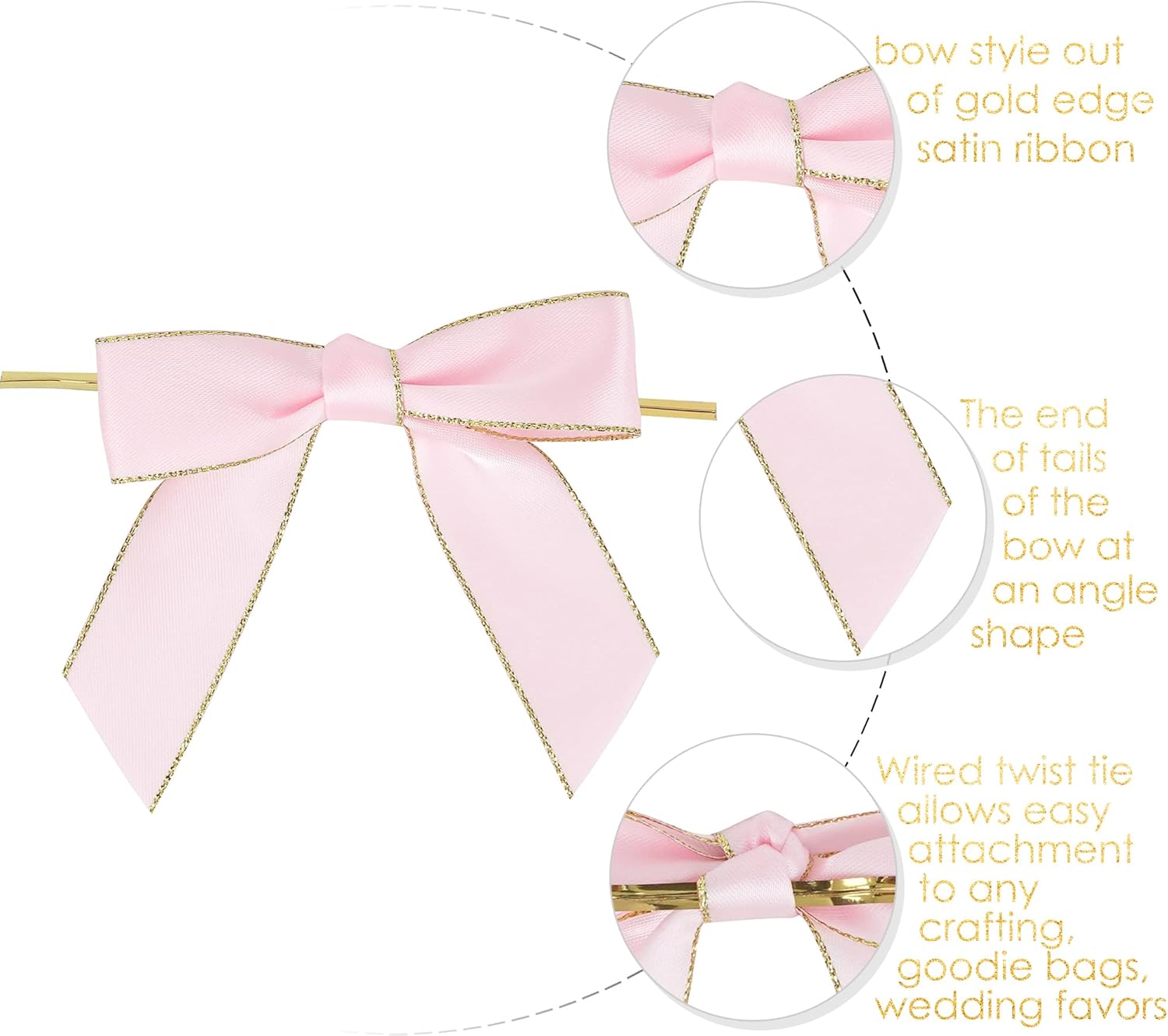 AIMUDI Pink Bows 3.5" Premade Satin Ribbon Bows with Gold Edge Pre - Tied Twist Tie Bows for Gift Wrapping Crafts Treat Bags Baby Shower Wedding Party Decorations, 50 Counts - TrendyLookz