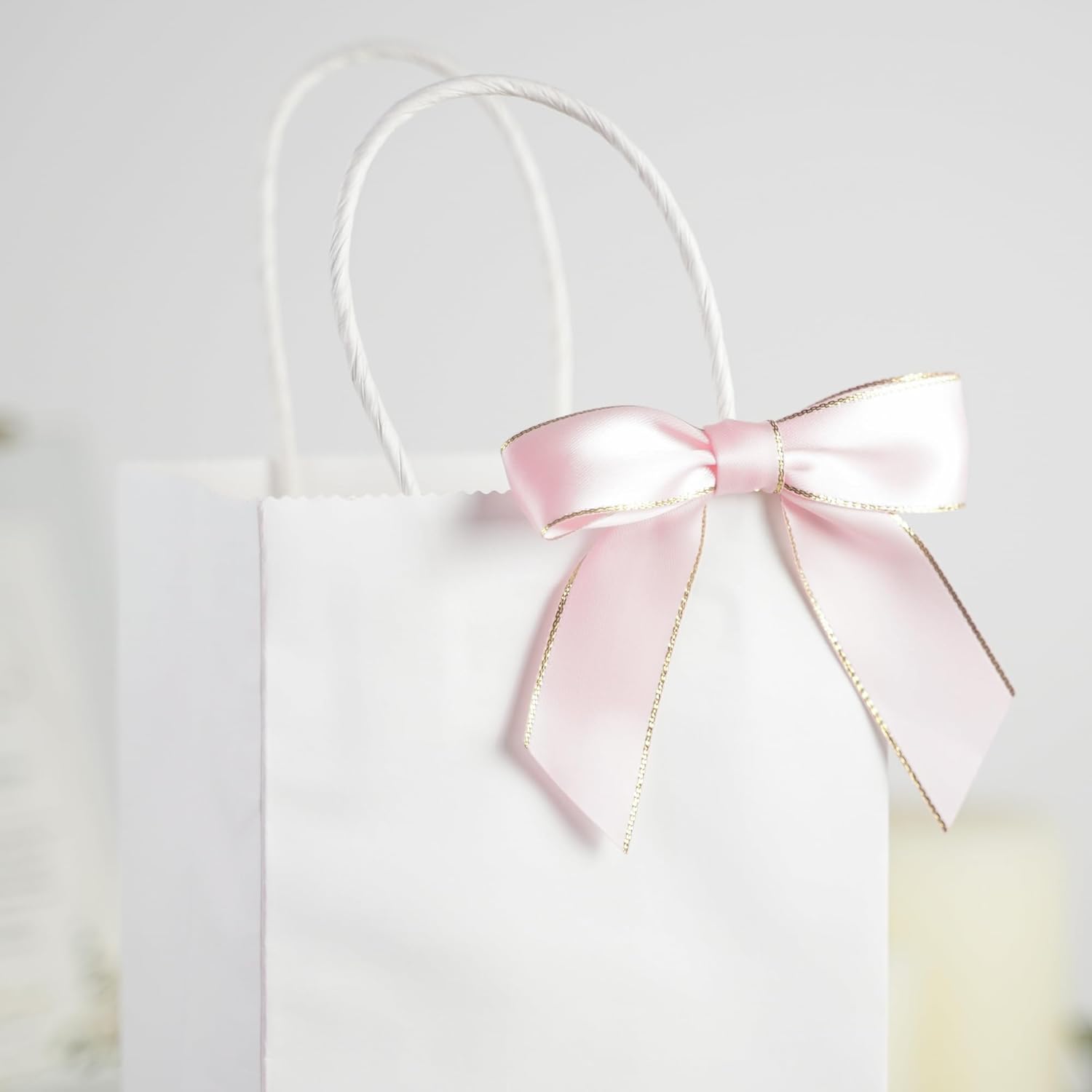 AIMUDI Pink Bows 3.5" Premade Satin Ribbon Bows with Gold Edge Pre - Tied Twist Tie Bows for Gift Wrapping Crafts Treat Bags Baby Shower Wedding Party Decorations, 50 Counts - TrendyLookz