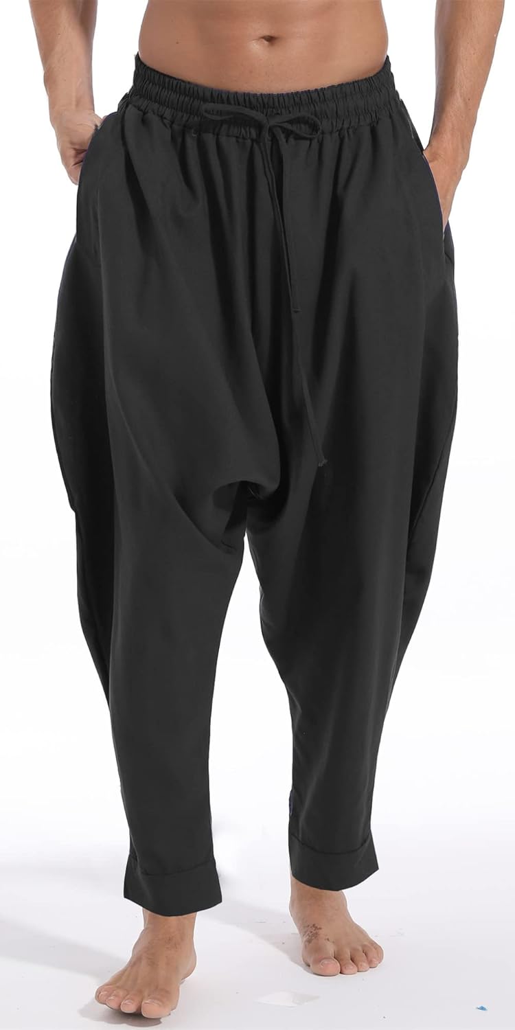AITFINEISM Men's Drawstring Aladdin Hippie Harem Pants Loose Drop Crotch Trousers - TrendyLookz