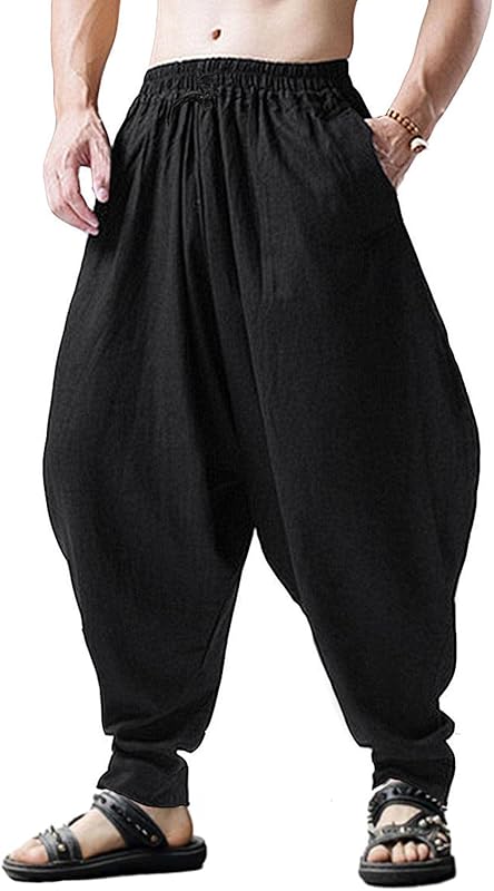 AITFINEISM Men's Drawstring Aladdin Hippie Harem Pants Loose Drop Crotch Trousers - TrendyLookz