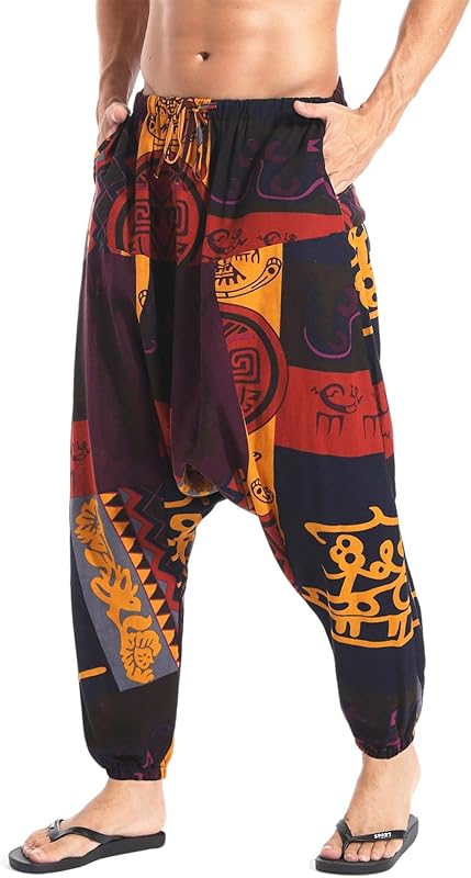 AITFINEISM Men's Drawstring Aladdin Hippie Harem Pants Loose Drop Crotch Trousers - TrendyLookz