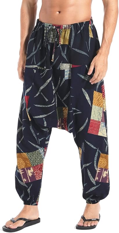 AITFINEISM Men's Drawstring Aladdin Hippie Harem Pants Loose Drop Crotch Trousers - TrendyLookz