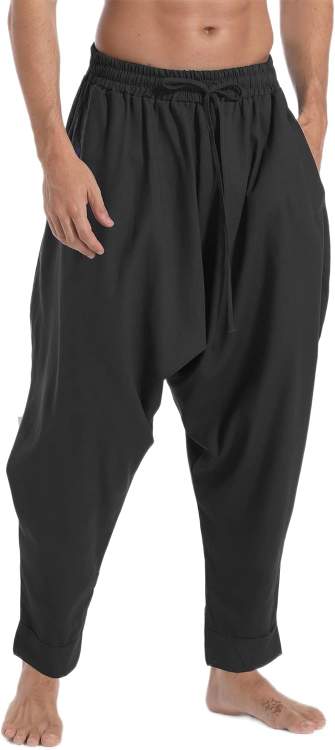 AITFINEISM Men's Drawstring Aladdin Hippie Harem Pants Loose Drop Crotch Trousers - TrendyLookz