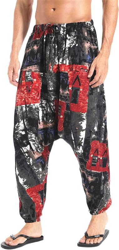AITFINEISM Men's Drawstring Aladdin Hippie Harem Pants Loose Drop Crotch Trousers - TrendyLookz