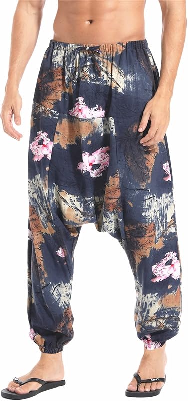 AITFINEISM Men's Drawstring Aladdin Hippie Harem Pants Loose Drop Crotch Trousers - TrendyLookz