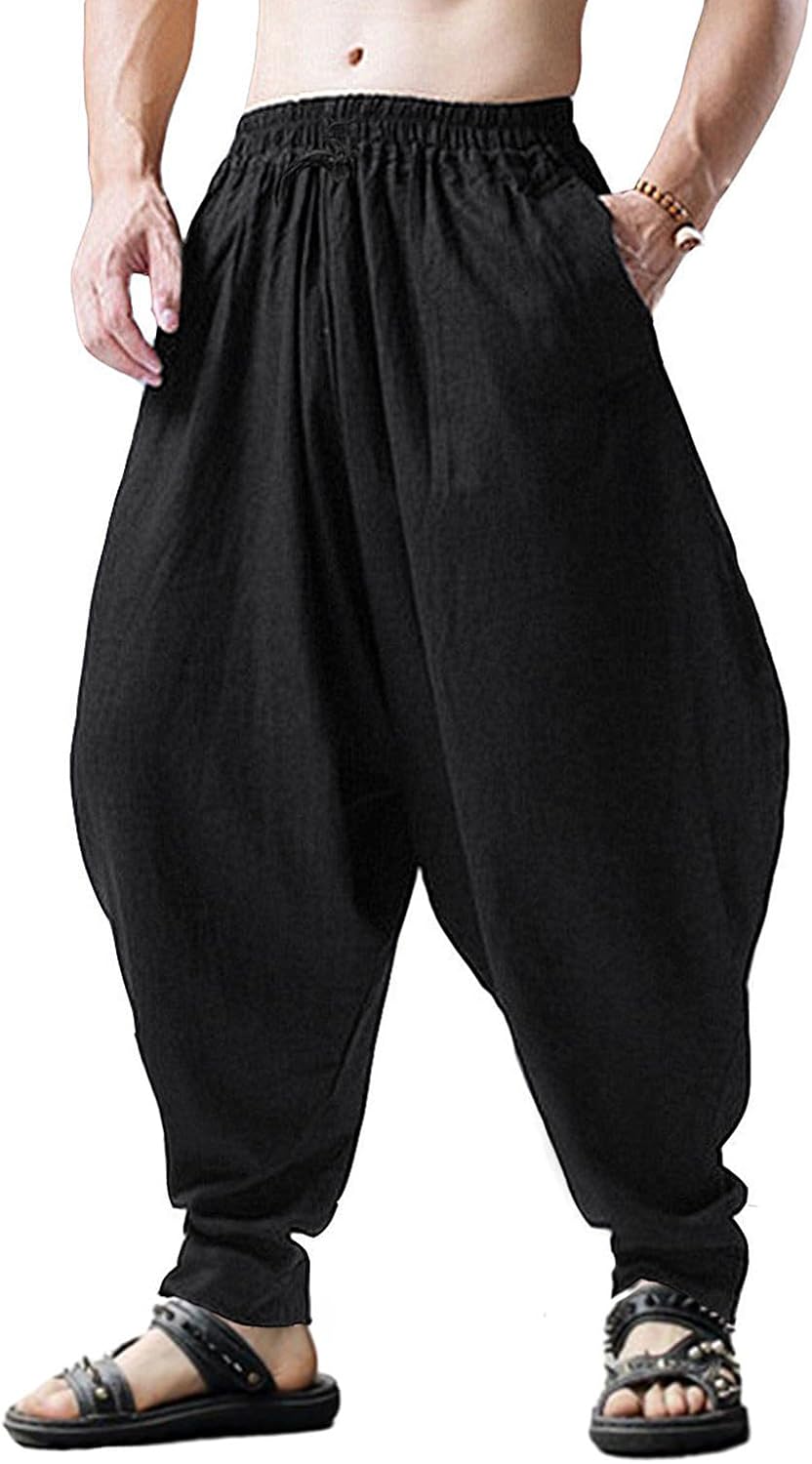 AITFINEISM Men's Drawstring Aladdin Hippie Harem Pants Loose Drop Crotch Trousers - TrendyLookz