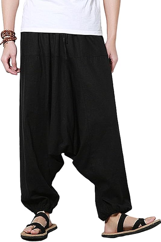 AITFINEISM Men's Drawstring Aladdin Hippie Harem Pants Loose Drop Crotch Trousers - TrendyLookz