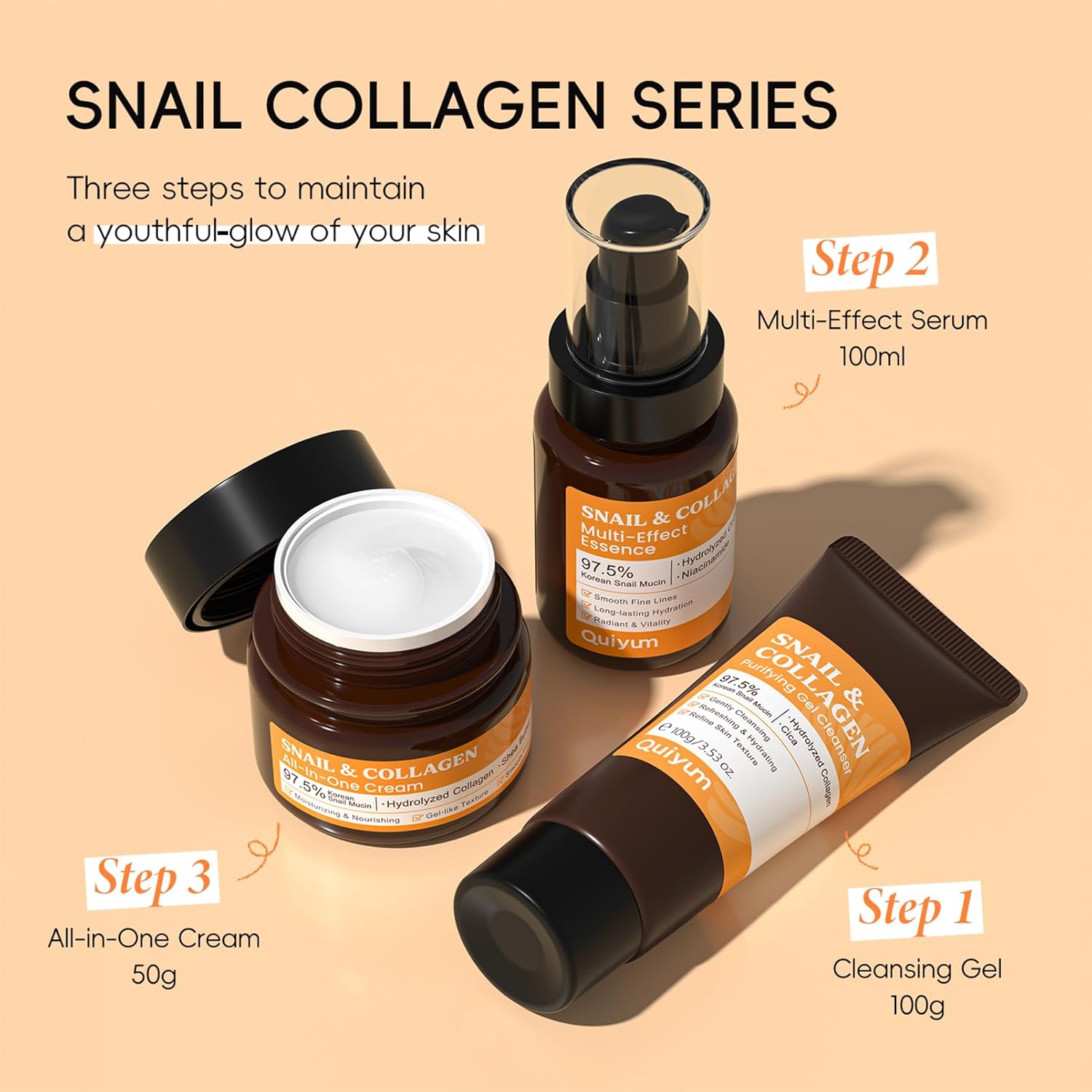 All About Snail Mucin Kit Korean Skin Care Set, Collagen Skincare Gift Set Hydrating & Lifting Skin, Snail Skin Care Products Set Cleanser, Serum, Cream, Facial Kit for Women and Men Anti - Aging 3Pcs - TrendyLookz