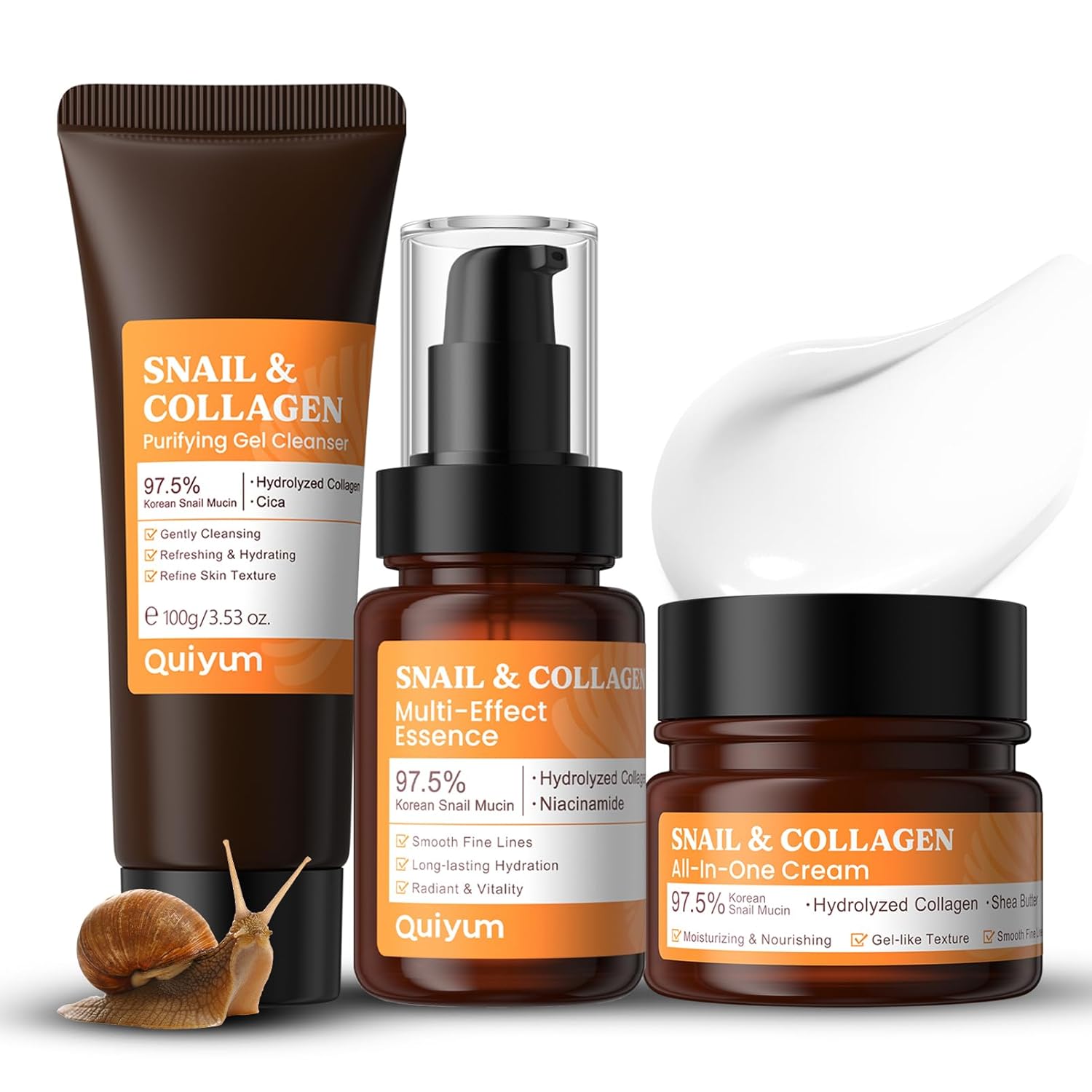 All About Snail Mucin Kit Korean Skin Care Set, Collagen Skincare Gift Set Hydrating & Lifting Skin, Snail Skin Care Products Set Cleanser, Serum, Cream, Facial Kit for Women and Men Anti - Aging 3Pcs - TrendyLookz