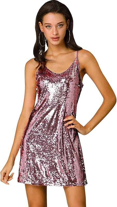 Allegra K Women's Party Glitter Dress Adjustable Strap Mini Sparkly Sequin Dresses - TrendyLookz
