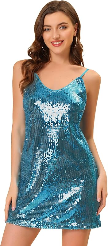 Allegra K Women's Party Glitter Dress Adjustable Strap Mini Sparkly Sequin Dresses - TrendyLookz