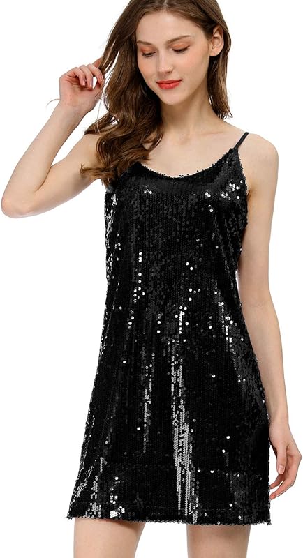 Allegra K Women's Party Glitter Dress Adjustable Strap Mini Sparkly Sequin Dresses - TrendyLookz