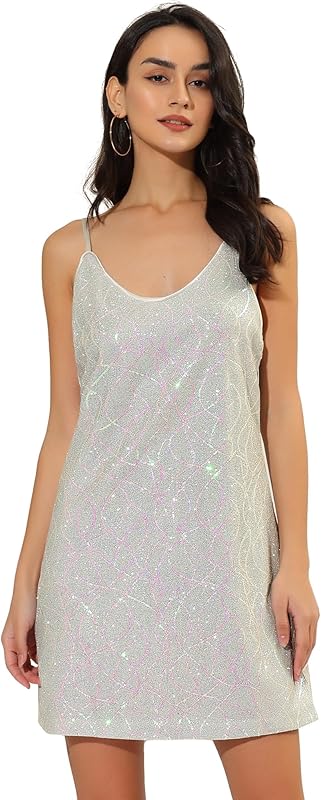 Allegra K Women's Party Glitter Dress Adjustable Strap Mini Sparkly Sequin Dresses - TrendyLookz