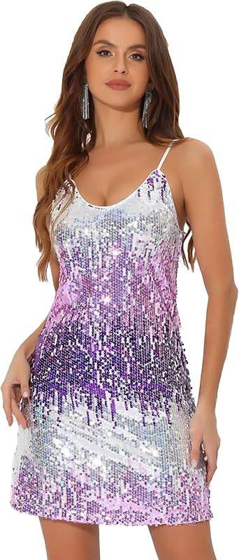 Allegra K Women's Party Glitter Dress Adjustable Strap Mini Sparkly Sequin Dresses - TrendyLookz
