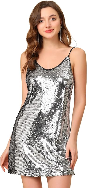 Allegra K Women's Party Glitter Dress Adjustable Strap Mini Sparkly Sequin Dresses - TrendyLookz