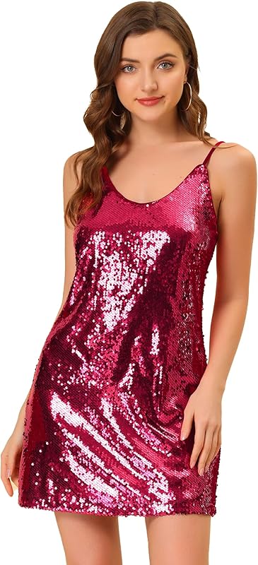 Allegra K Women's Party Glitter Dress Adjustable Strap Mini Sparkly Sequin Dresses - TrendyLookz