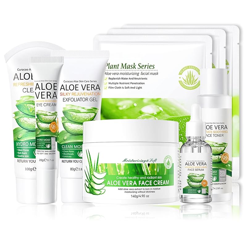 Aloe Vera Face Skincare Set,9 Pcs Aloe Vera Skin Care Set with Face Masks,Exfoliating Gel, Wash,Toner, Serum, Moisturizer Cream,Eye Cream,Moisturizing Skin Care Kit - TrendyLookz
