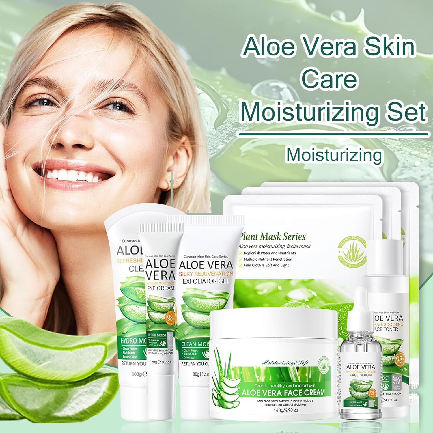 Aloe Vera Face Skincare Set,9 Pcs Aloe Vera Skin Care Set with Face Masks,Exfoliating Gel, Wash,Toner, Serum, Moisturizer Cream,Eye Cream,Moisturizing Skin Care Kit - TrendyLookz