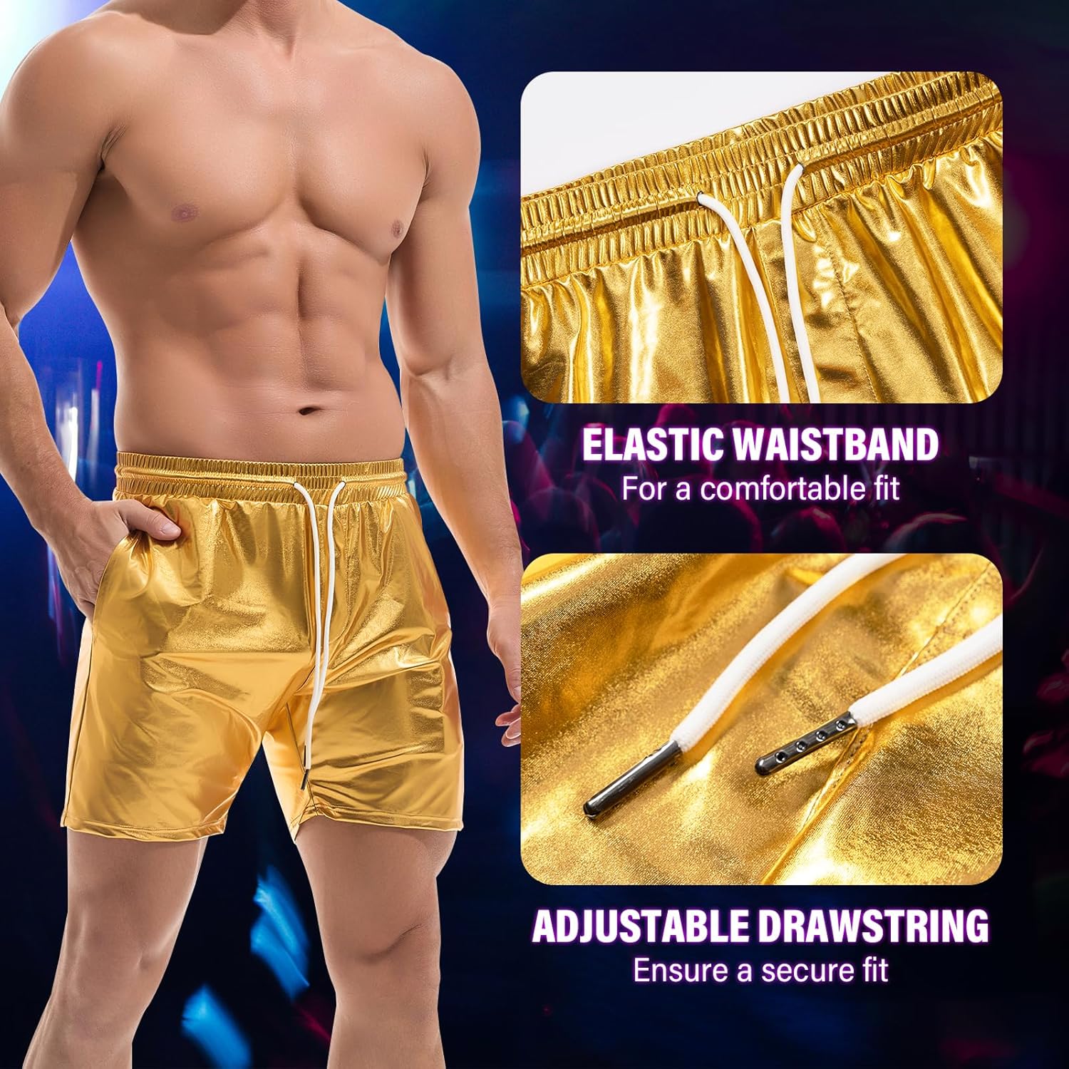 AMY COULEE Mens Metallic Shorts 5" Shiny Holographic Disco Shorts Outfit Sparkly Rave Hot Drawstring Shorts - TrendyLookz