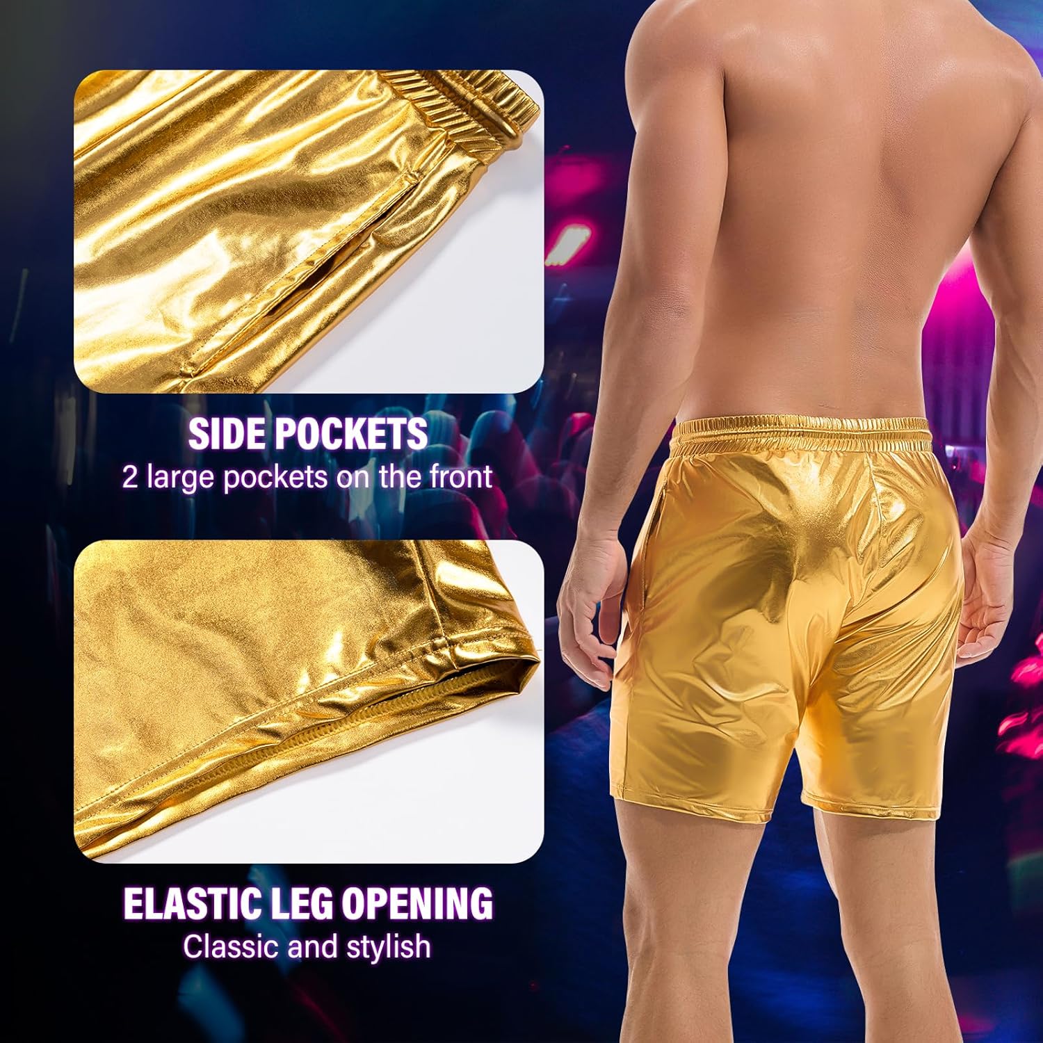 AMY COULEE Mens Metallic Shorts 5" Shiny Holographic Disco Shorts Outfit Sparkly Rave Hot Drawstring Shorts - TrendyLookz