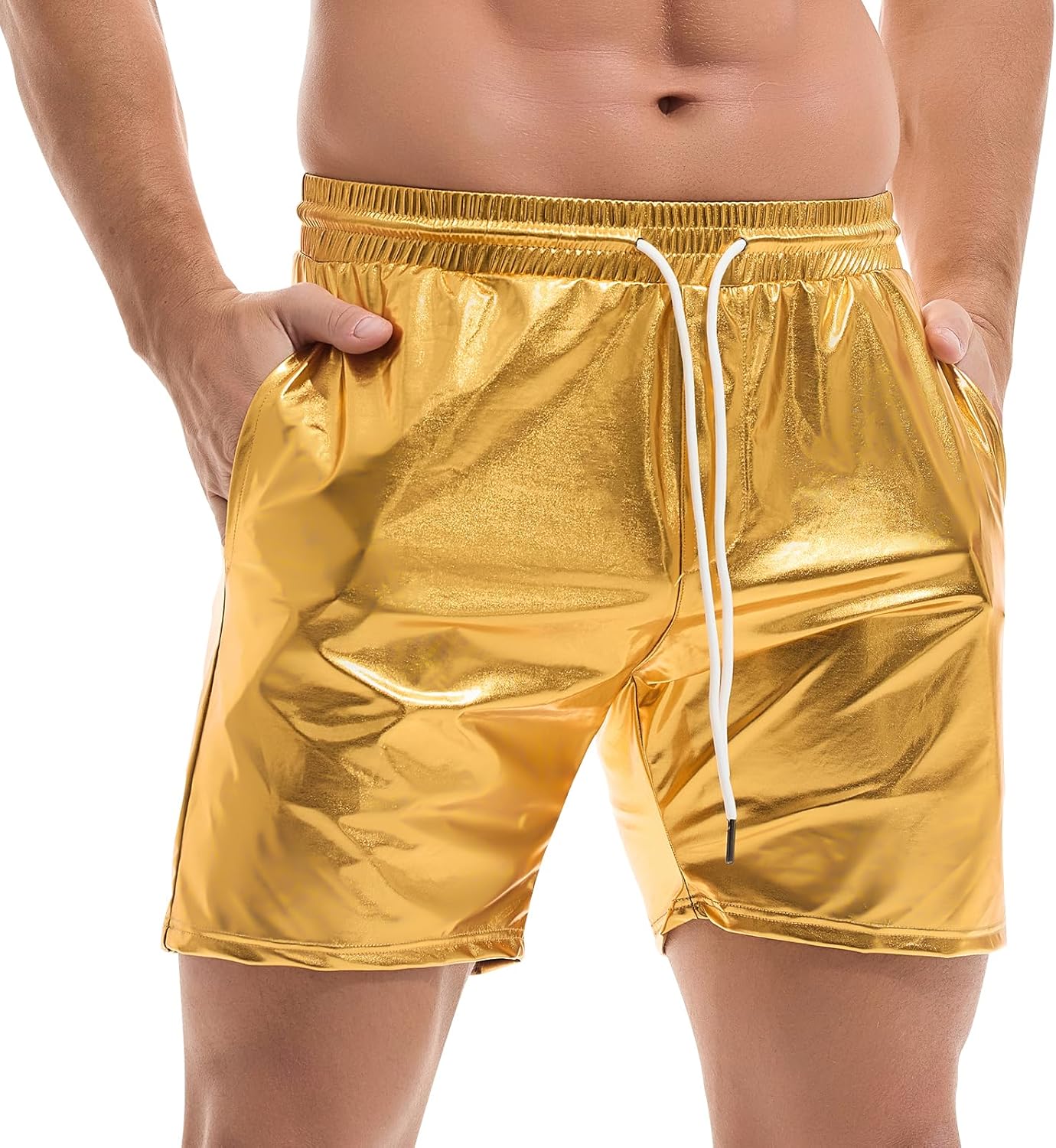 AMY COULEE Mens Metallic Shorts 5" Shiny Holographic Disco Shorts Outfit Sparkly Rave Hot Drawstring Shorts - TrendyLookz
