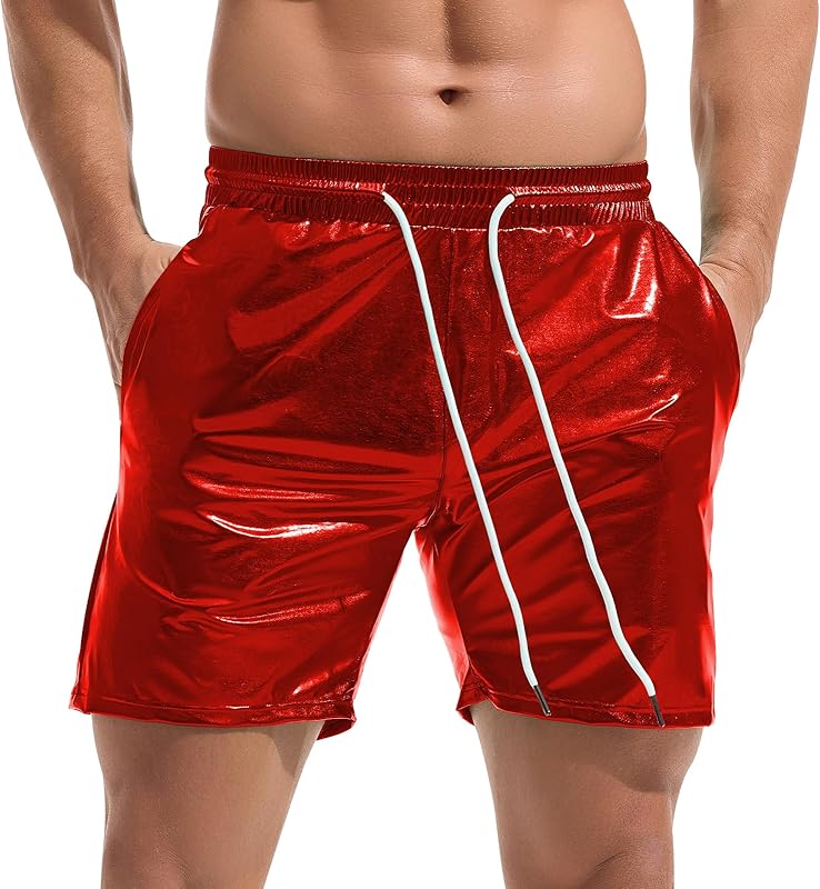 AMY COULEE Mens Metallic Shorts 5" Shiny Holographic Disco Shorts Outfit Sparkly Rave Hot Drawstring Shorts - TrendyLookz